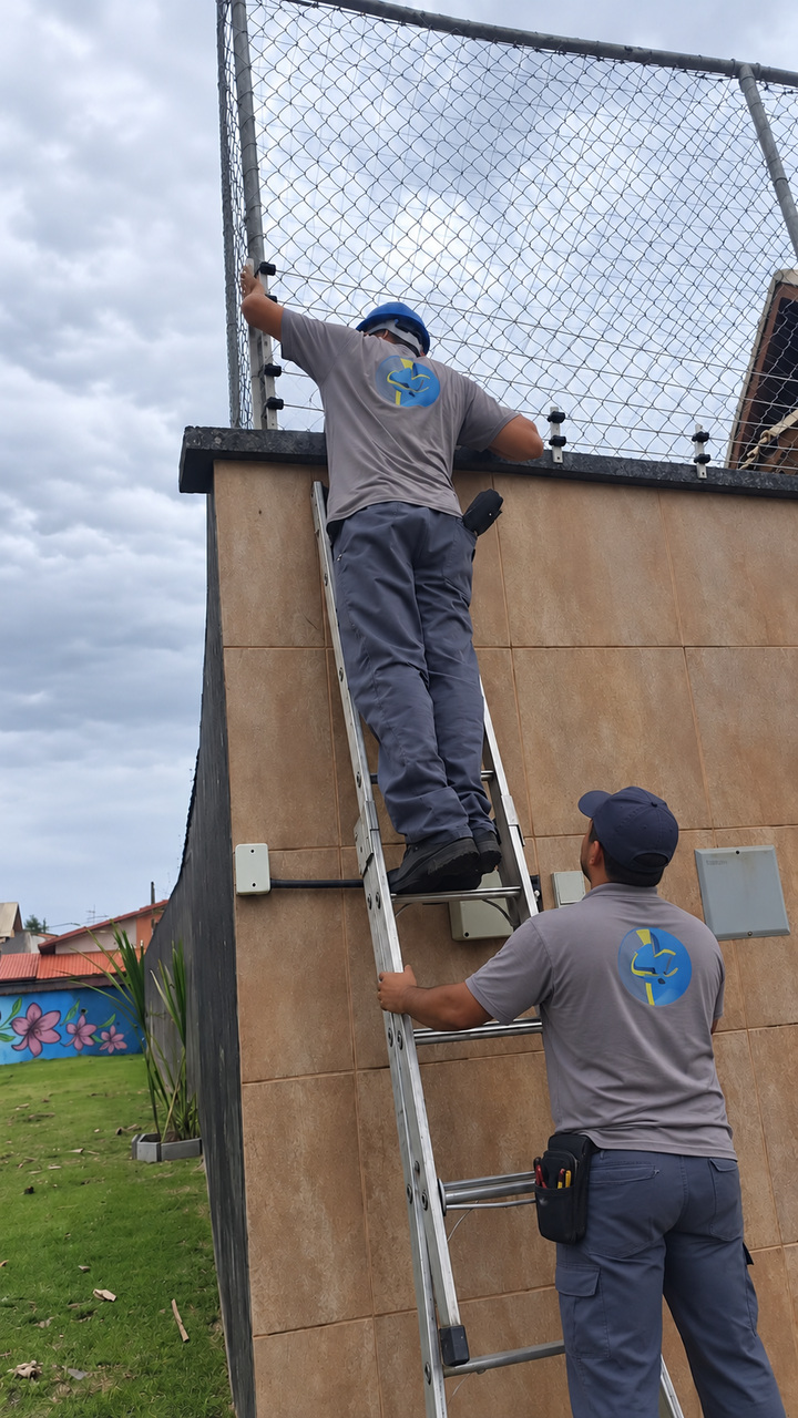 Técnico da Monte Sinai de costas, trabalhando junto ao perímetro do imóvel
